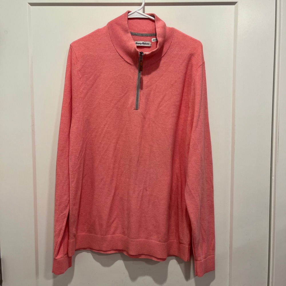 Tommy Bahama Mens Pink Waffle Knit Quarter Zip Pullover Sweater Size Medium
